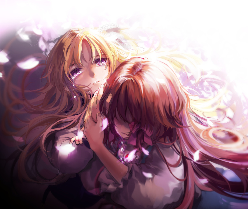 2girls blonde_hair brown_hair crying highres hug kirame_kirai lisette_(pocket_mirror) long_hair lying multiple_girls official_art petals pocket_mirror ribbon sad violet_eyes