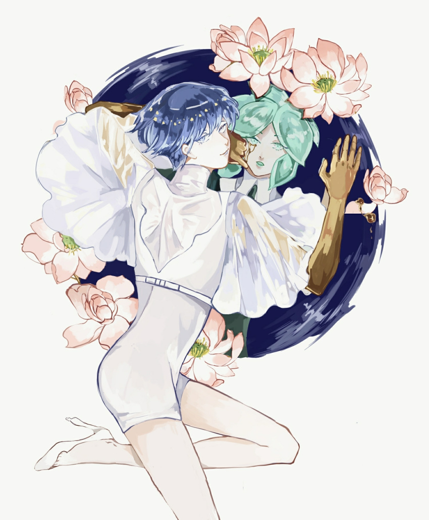 1other androgynous bangs blue_eyes blue_hair blunt_bangs commentary_request different_reflection flower golden_arms green_eyes green_hair heterochromia high_heels highres houseki_no_kuni looking_at_viewer lotus phosphophyllite phosphophyllite_(ll) reflection short_hair smile spoilers white_eyes