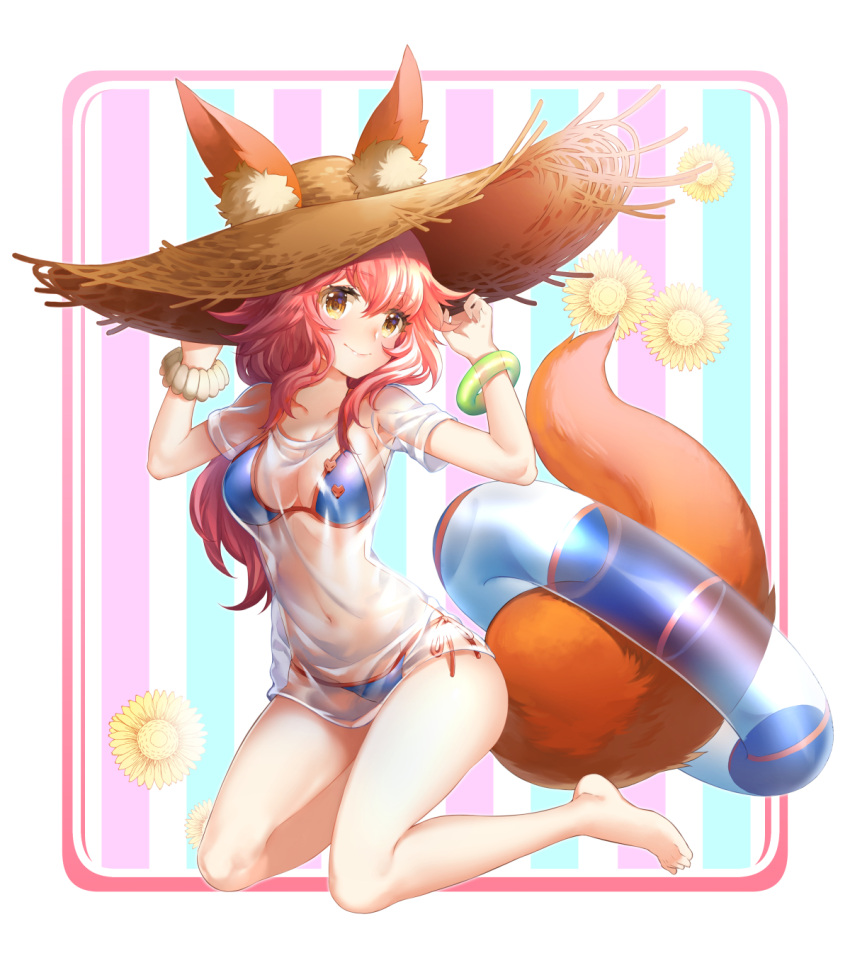 1girl animal_ears arms_up bangle bare_legs barefoot bikini blue_bikini blush bracelet breasts brown_eyes brown_hat cleavage closed_mouth ears_through_headwear fate/grand_order fate_(series) fox_ears fox_tail full_body hands_on_headwear hat head_tilt highres innertube jewelry kneeling looking_at_viewer medium_breasts multicolored multicolored_stripes navel orange_ribbon ribbon shiosoda shirt short_sleeves side-tie_bikini smile solo stomach straw_hat string_bikini striped striped_background swimsuit tail tamamo_(fate)_(all) tamamo_no_mae_(swimsuit_lancer)_(fate) tareme transparent vertical-striped_background vertical_stripes white_shirt