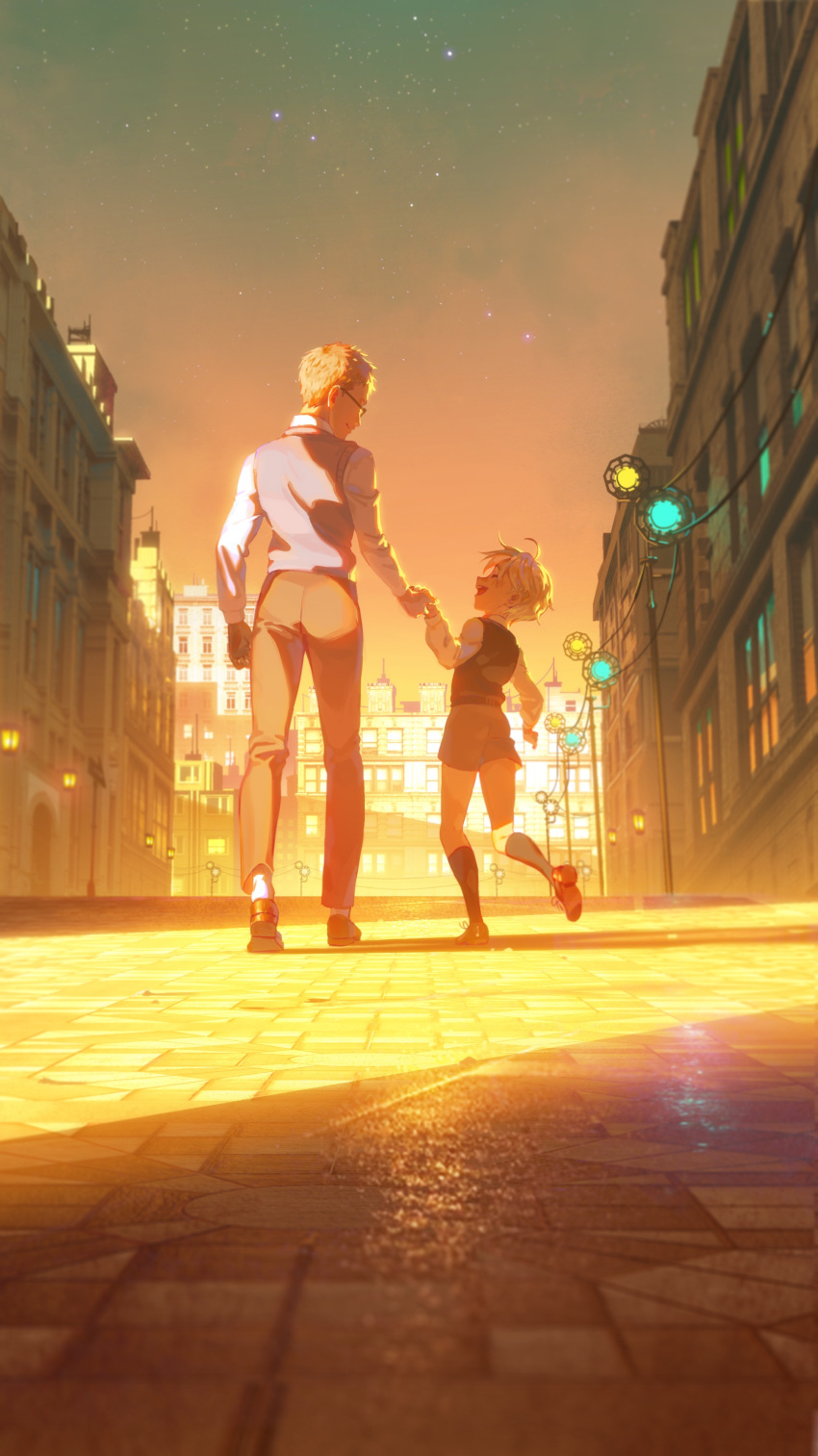 2boys absurdres blonde_hair brothers building city city_lights glasses highres holding_hands julius_will_kresnik ludger_will_kresnik male_focus meipu_hm multiple_boys outdoors pants shade shirt shoes shorts siblings silver_hair standing tales_of_(series) tales_of_xillia tales_of_xillia_2 vest
