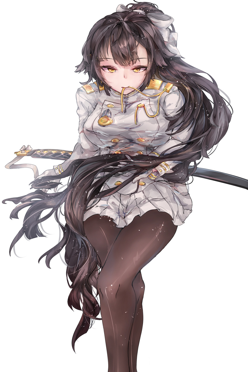 1girl absurdres azur_lane bangs black_hair black_legwear blush bow breasts brown_eyes buttons double-breasted eyebrows_visible_through_hair gloves hair_between_eyes hair_bow highres hobby holding holding_hair jacket katana large_breasts legs_crossed long_hair looking_at_viewer medal military military_uniform mouth_hold pantyhose pleated_skirt ponytail ribbon sidelocks simple_background sitting skirt solo sword takao_(azur_lane) uniform very_long_hair weapon white_background white_bow white_jacket white_ribbon white_skirt