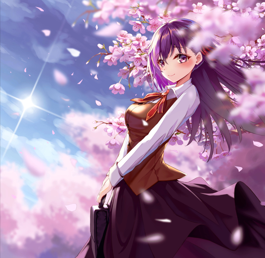 1girl augu_(523764197) blue_sky blurry blurry_background blurry_foreground blush breasts brown_vest cherry_blossoms collared_shirt day depth_of_field fate/stay_night fate_(series) flat_chest from_side hair_ribbon highres holding homurahara_academy_uniform lens_flare lips long_hair long_skirt long_sleeves looking_at_viewer looking_to_the_side matou_sakura medium_breasts neck_ribbon outdoors purple_hair purple_skirt red_neckwear red_ribbon ribbon school_briefcase shiny shiny_hair shirt skirt sky solo straight_hair sun sunlight two-handed vest violet_eyes white_shirt wing_collar