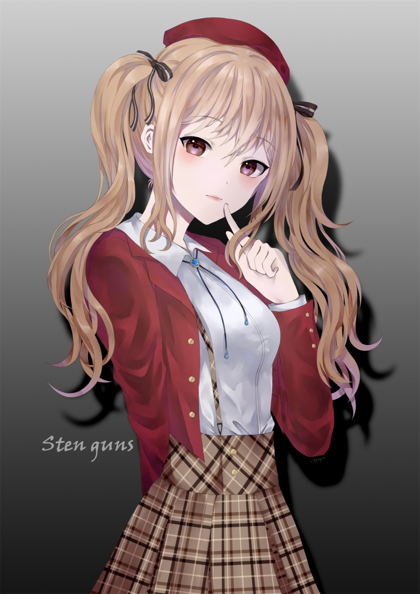 1girl bangs beret blonde_hair blush breasts brown_eyes brown_hair brown_skirt buttons cleavage closed_mouth collared_shirt dress eyebrows_visible_through_hair finger_to_mouth girls_frontline gloves gradient gradient_background hair_between_eyes hair_ribbon hat head_tilt high-waist_skirt highres ichita_(yixisama-shihaohaizhi) jacket long_hair looking_at_viewer medium_breasts open_clothes open_jacket plaid plaid_skirt red_hat red_jacket ribbon shirt sidelocks simple_background skirt solo sten_mk2_(girls_frontline) twintails