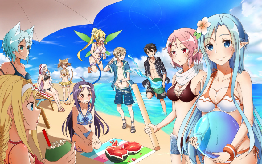 2boys 6+girls :d ;d ahoge alice_schuberg animal_ears armlet asuna_(sao-alo) asymmetrical_bikini ball beach beachball bikini bikini_skirt black_bikini black_hair black_jacket black_shorts blue_bikini blue_bikini_top blue_eyes blue_hair blue_jacket blue_shorts blue_sky blush braid breasts brown_hair cat_ears cat_tail cleavage clouds collarbone day drooling enokimo_me eugeo eyebrows_visible_through_hair eyes floating_hair flower flying food fruit green_eyes green_wings grin hair_between_eyes hair_flower hair_ornament hair_ribbon hairband high_ponytail highres holding holding_ball hood hooded_jacket jacket kirito kneeling large_breasts leafa lens_flare lisbeth long_hair looking_at_viewer medium_breasts multiple_boys multiple_girls navel ocean one_eye_closed open_clothes open_jacket open_mouth open_shorts outdoors pink_hair pointy_ears polka_dot polka_dot_bikini purple_hair red_bikini_top red_eyes red_ribbon ribbon scarf shinon_(sao-alo) shiny shiny_skin short_hair short_hair_with_long_locks short_shorts shorts side-tie_bikini sideboob sidelocks silica_(sao-alo) silver_hair sketch sky small_breasts smile sparkle standing striped striped_bikini_bottom striped_shorts swimsuit sword_art_online tail twin_braids twintails under_boob very_long_hair water watermelon white_bikini white_bikini_top white_flower white_hairband white_scarf wings wrist_cuffs yellow_bikini yellow_flower yuna_(sao) yuuki_(sao)