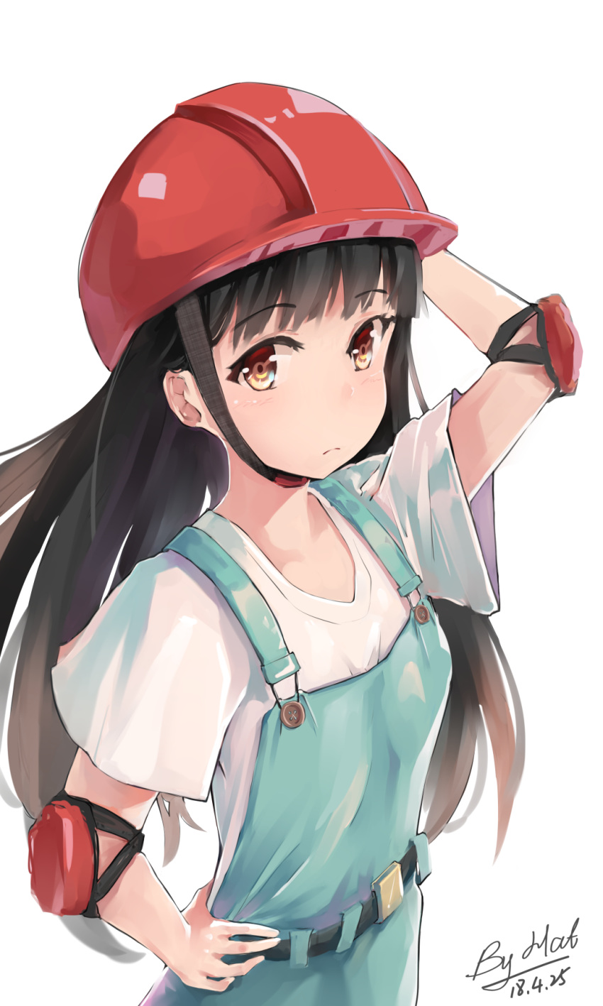 1girl arm_up artist_name belt black_hair brown_eyes dated elbow_pads helmet highres hinamatsuri_(manga) koebushi_(mat) long_hair looking_at_viewer mishima_hitomi overalls red_helmet shirt sketch solo suspenders white_shirt