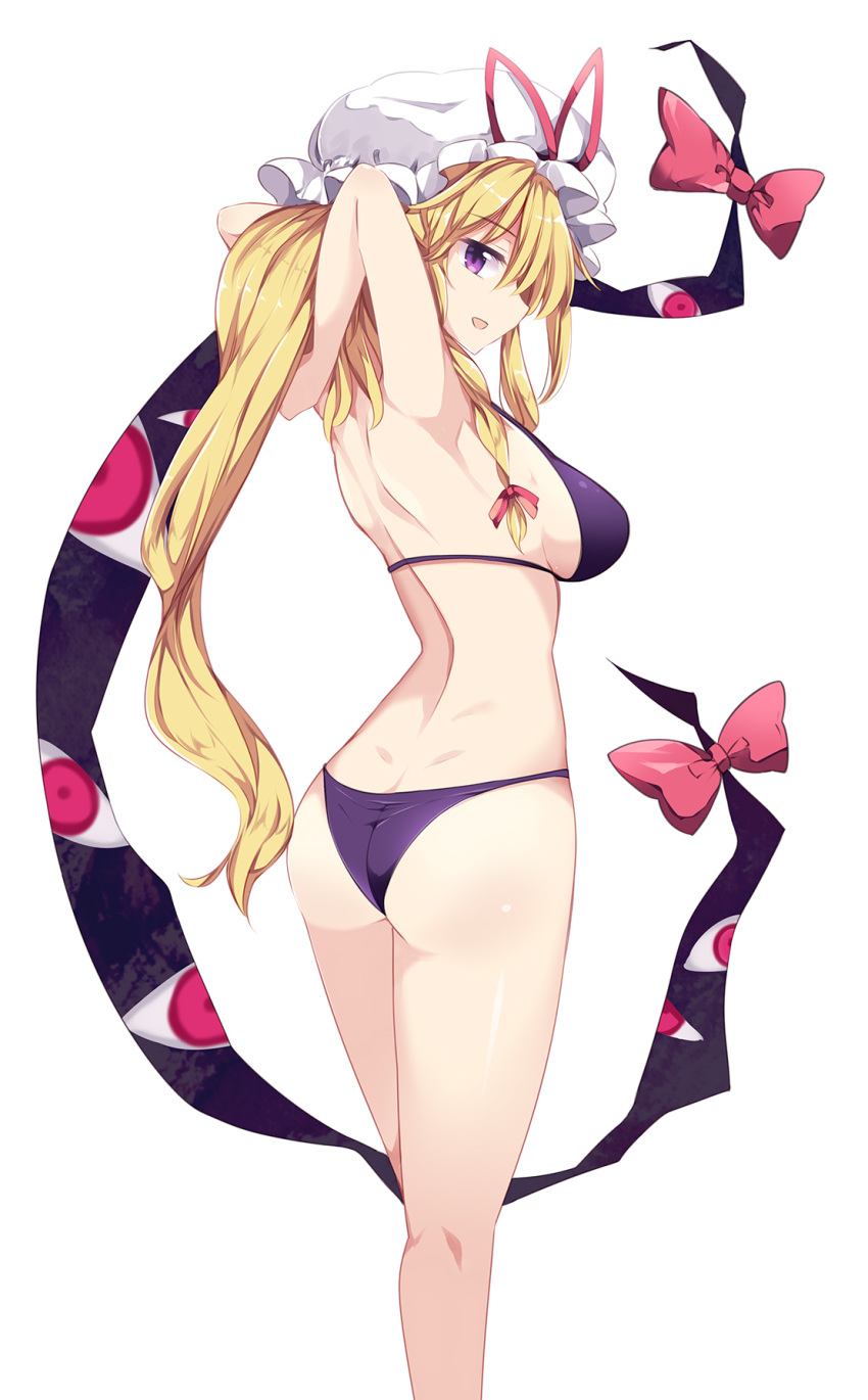 1girl arms_up ass back bare_legs bikini blonde_hair bow breasts eyes feet_out_of_frame from_behind gap hat hat_ribbon highres long_hair looking_at_viewer maturiuta_sorato medium_breasts mob_cap open_mouth profile purple_bikini red_bow red_ribbon ribbon shiny shiny_skin sideboob simple_background smile solo standing string_bikini swimsuit touhou violet_eyes white_background white_hat yakumo_yukari