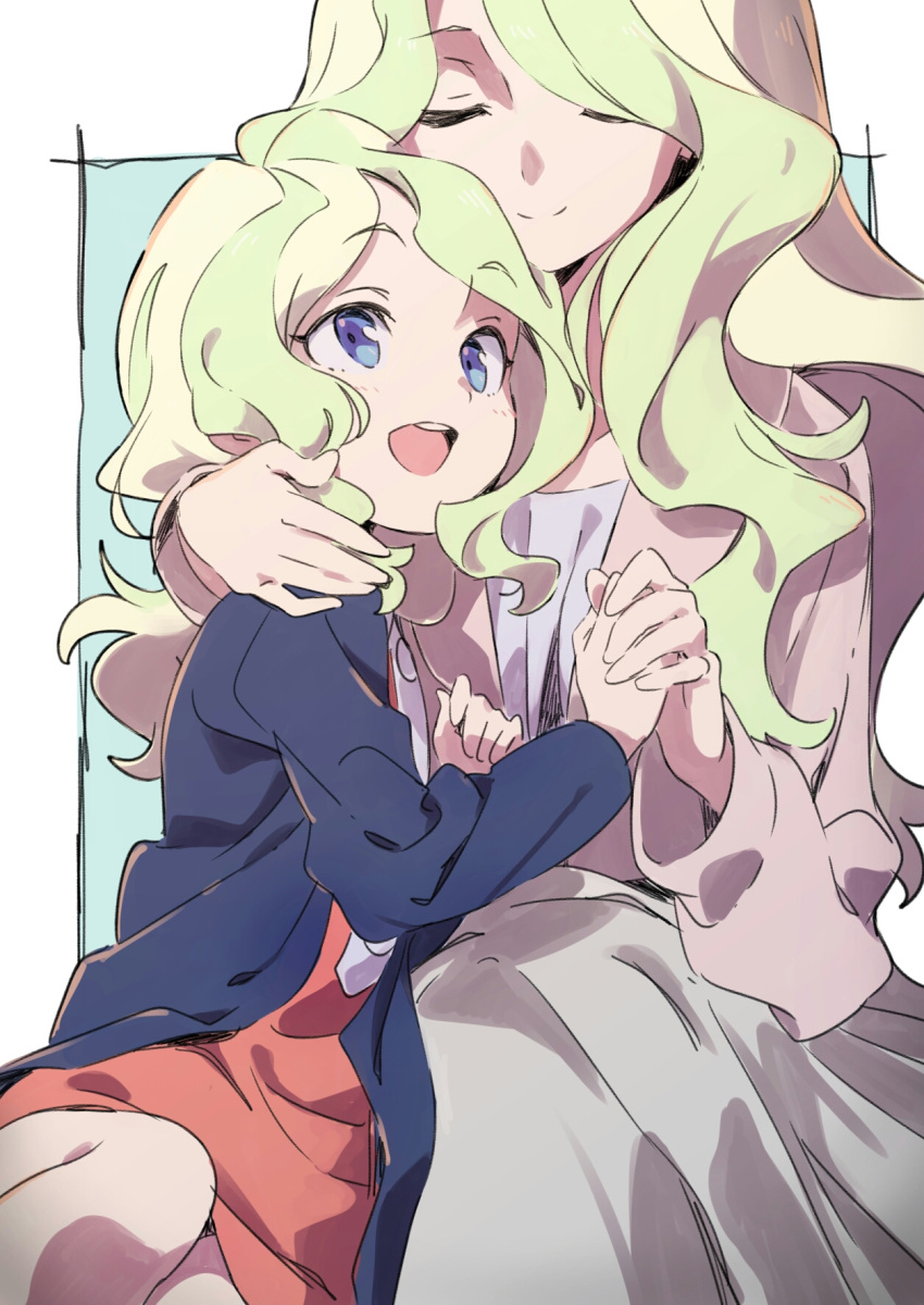 2girls :d age_difference blonde_hair blue_eyes blue_jacket blush breasts brown_jacket cleavage closed_eyes closed_mouth diana_cavendish dress dual_persona eyebrows_visible_through_hair green_hair grey_skirt hand_holding happy_birthday highres jacket little_witch_academia long_hair long_skirt long_sleeves multicolored_hair multiple_girls open_clothes open_jacket open_mouth red_dress round_teeth sitting skirt smile tama tareme teeth time_paradox two-tone_background two-tone_hair very_long_hair wavy_hair younger