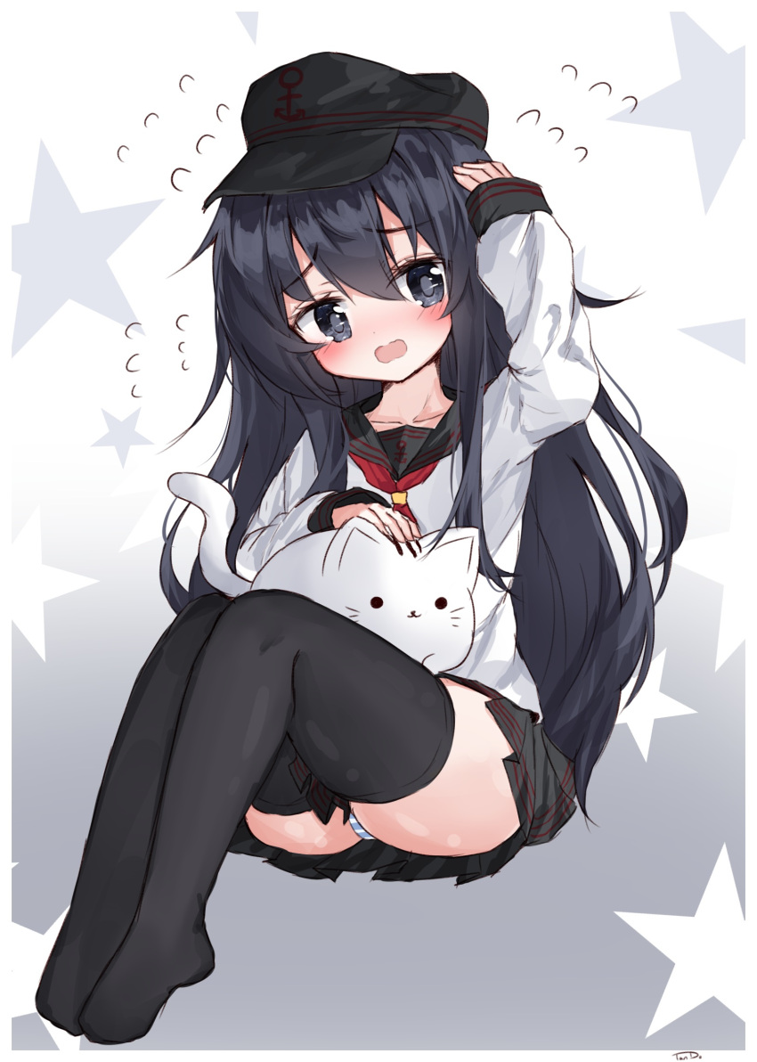 1girl akatsuki_(kantai_collection) alternate_legwear anchor_symbol animal arm_up bangs black_eyes black_hair black_hat black_sailor_collar black_skirt blush cat collarbone commentary_request eyebrows_visible_through_hair flat_cap flying_sweatdrops gradient gradient_background grey_background hair_between_eyes hat head_tilt highres kantai_collection long_hair long_sleeves neckerchief no_shoes open_mouth panties pleated_skirt red_neckwear remodel_(kantai_collection) sailor_collar school_uniform serafuku shirt sitting skirt sleeves_past_wrists solo star striped striped_panties tandohark thigh-highs underwear very_long_hair white_background white_shirt