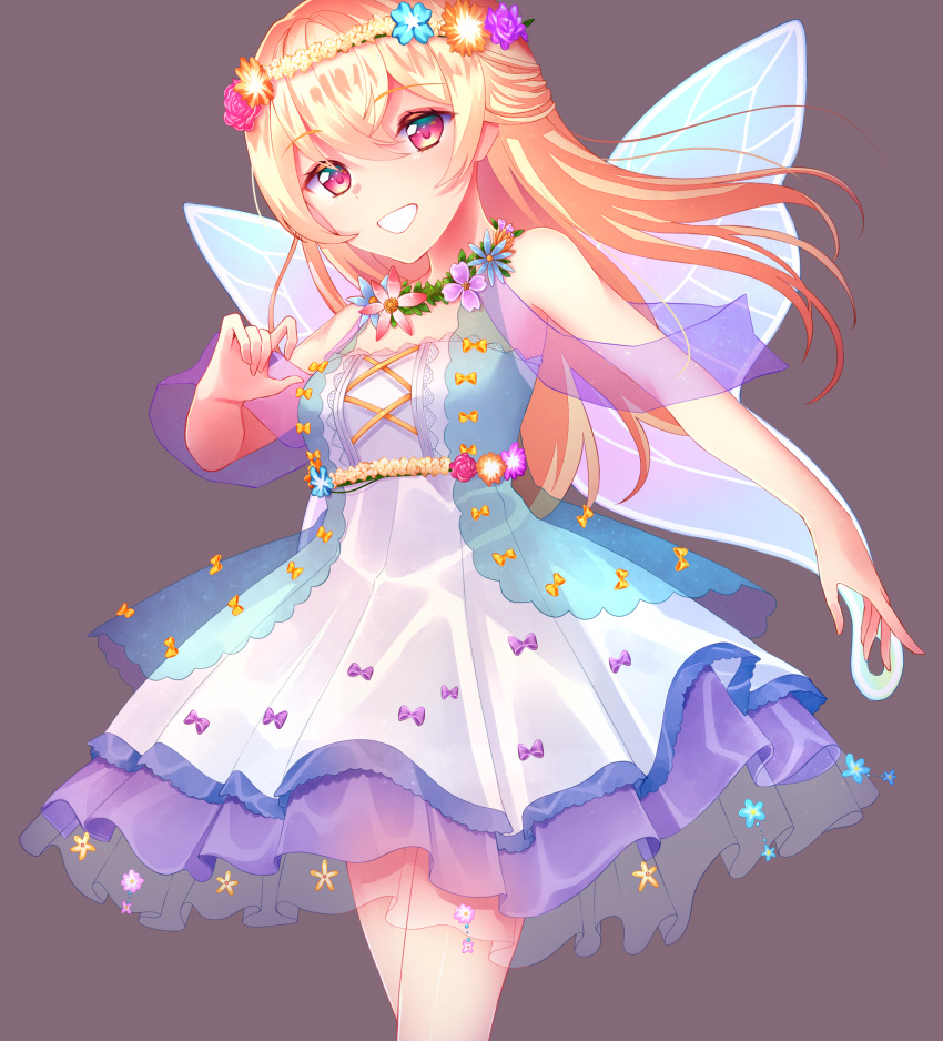 1girl absurdres arcelle bang_dream! bangs blonde_hair blue_flower bow cross-laced_clothes dress eyebrows_visible_through_hair fairy_wings flower flower_necklace grey_background grin hair_between_eyes half_updo head_wreath highres jewelry long_hair looking_at_viewer necklace orange_flower pink_flower purple_bow purple_flower red_eyes shirasagi_chisato simple_background smile solo wings yellow_bow yellow_flower