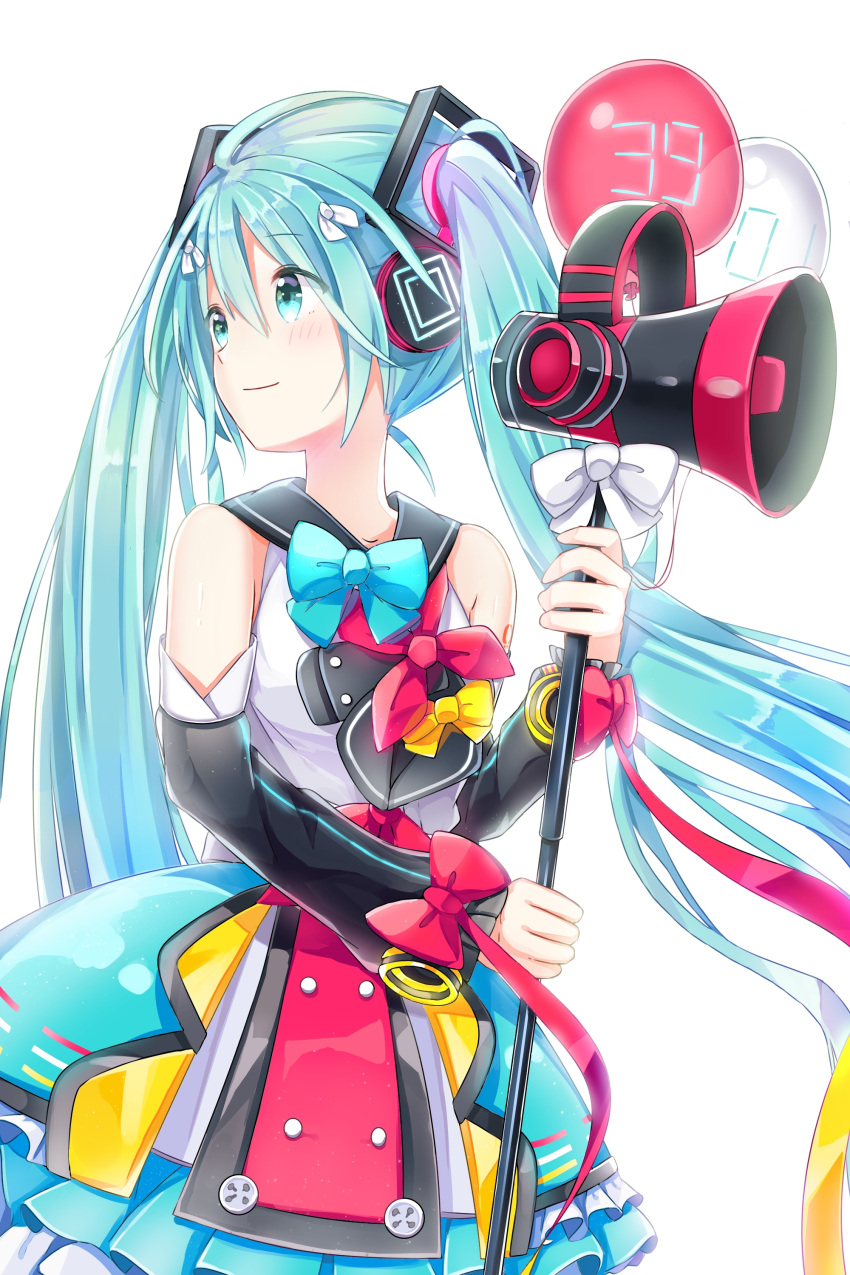 1girl 39 absurdres aqua_eyes balloon blue_hair bow bowtie detached_sleeves hatsune_miku headphones highres long_hair looking_away magical_mirai_(vocaloid) megaphone sailor_collar simple_background skirt solo tsukiringo twintails very_long_hair vocaloid white_background