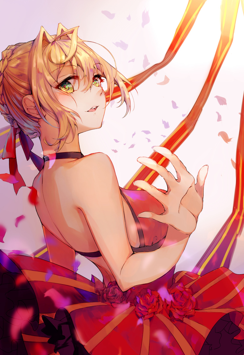 1girl absurdres ahoge bad_anatomy bare_shoulders blonde_hair braid fate/extra fate_(series) flower french_braid green_eyes hair_ribbon highres looking_at_viewer nero_claudius_(fate) nero_claudius_(fate)_(all) open_mouth petals red_flower red_ribbon red_rose red_skirt ribbon rose short_hair skirt smile solo sqbillfish