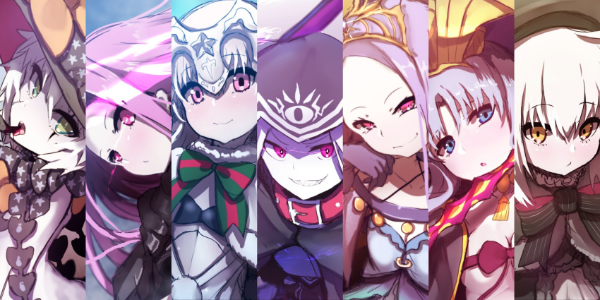 6+girls :o abigail_williams_(fate/grand_order) abigail_williams_(fate/grand_order)_(cosplay) bangs beret bikini_top black_bikini_top black_bow black_capelet black_dress black_gloves black_hat blood blue_dress blue_eyes blush bow breasts capelet caster_lily caster_lily_(cosplay) cleavage closed_mouth collarbone cosplay dress evil_grin evil_smile eyebrows_visible_through_hair facial_scar fate/extra fate/grand_order fate_(series) finger_to_mouth fur-trimmed_capelet fur_trim gloves glowing glowing_eyes green_bow green_eyes grin hair_between_eyes hat head_tilt headdress headpiece highres hood hood_up hooded_capelet jack_the_ripper_(fate/apocrypha) jack_the_ripper_(fate/apocrypha)_(cosplay) jeanne_d'arc_(fate)_(all) jeanne_d'arc_alter_santa_lily jeanne_d'arc_alter_santa_lily_(cosplay) looking_at_viewer medusa_(lancer)_(fate) medusa_(lancer)_(fate)_(cosplay) multiple_girls nursery_rhyme_(fate/extra) nursery_rhyme_(fate/extra)_(cosplay) orange_bow pale_skin parted_bangs parted_lips pink_eyes pink_hair print_bow protected_link purple_bow purple_ribbon red_collar revealing_clothes ribbon ribbon_bra rider scar scar_across_eye scar_on_cheek sharp_teeth silver_hair small_breasts smile star star_print striped striped_bow teeth tiara tongue tongue_out violet_eyes wada_kazu white_dress witch_hat wu_zetian_(fate/grand_order) wu_zetian_(fate/grand_order)_(cosplay)