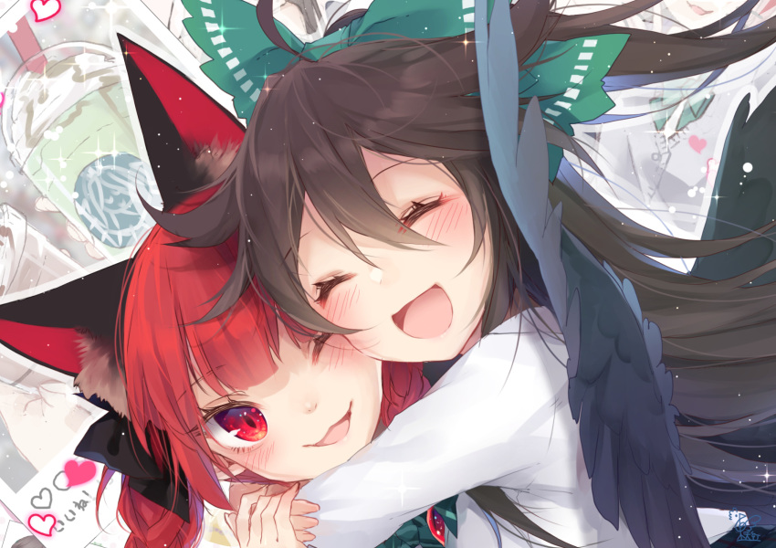 2girls ;3 animal_ears black_bow black_wings blush bow braid brown_hair cat_ears close-up closed_eyes feathered_wings green_bow hair_between_eyes hair_bow happy heart highres hug kaenbyou_rin long_hair long_sleeves multiple_girls open_mouth red_eyes redhead reiuji_utsuho shirt smile touhou toutenkou twin_braids upper_body white_shirt wings