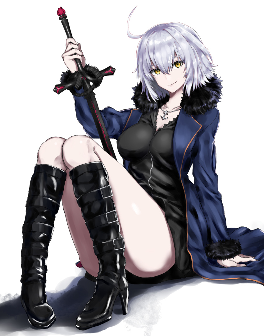1girl ahoge bangs black_dress blue_coat boots breasts coat dress eyebrows_visible_through_hair fate/grand_order fate_(series) fur-trimmed_coat fur_trim high_heel_boots high_heels highres jeanne_d'arc_(alter)_(fate) jeanne_d'arc_(fate)_(all) jewelry knee_boots knees_up large_breasts looking_at_viewer necklace nozoyuki open_clothes open_coat short_dress silver_hair simple_background sitting smile solo sword thighs weapon white_background wicked_dragon_witch_ver._shinjuku_1999 yellow_eyes