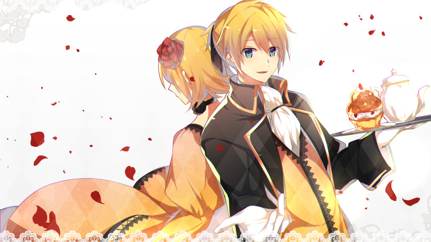 1boy 1girl aku_no_meshitsukai_(vocaloid) allen_avadonia anniversary argyle argyle_background back back-to-back black_jacket black_ribbon blonde_hair blue_eyes brother_and_sister cake choker cravat dress evillious_nendaiki flower food gloves gold_trim hair_ribbon highres holding holding_tray jacket kagamine_len kagamine_rin lace lace-trimmed_dress lace_trim looking_at_viewer open_mouth outstretched_hand pastry petals reaching_out red_petals ribbon riliane_lucifen_d'autriche rose short_hair siblings smile teapot tray twins vocaloid white_gloves yellow_blazer yellow_dress yuken_52