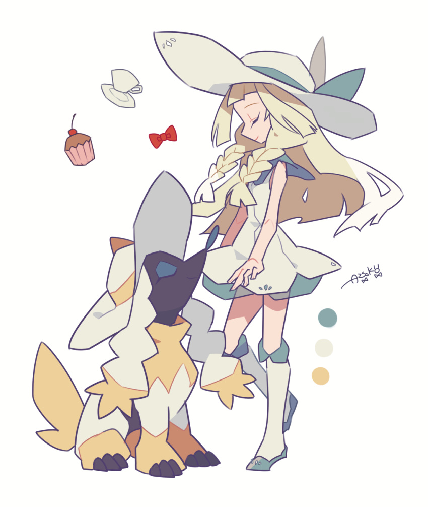 1girl auko blonde_hair bow braid closed_eyes cup cupcake dress food from_side furfrou gen_6_pokemon hat highres lillie_(pokemon) long_hair pokemon pokemon_(creature) pokemon_(game) pokemon_sm red_bow simple_background sleeveless sleeveless_dress sun_hat teacup twin_braids white_background white_dress white_hat