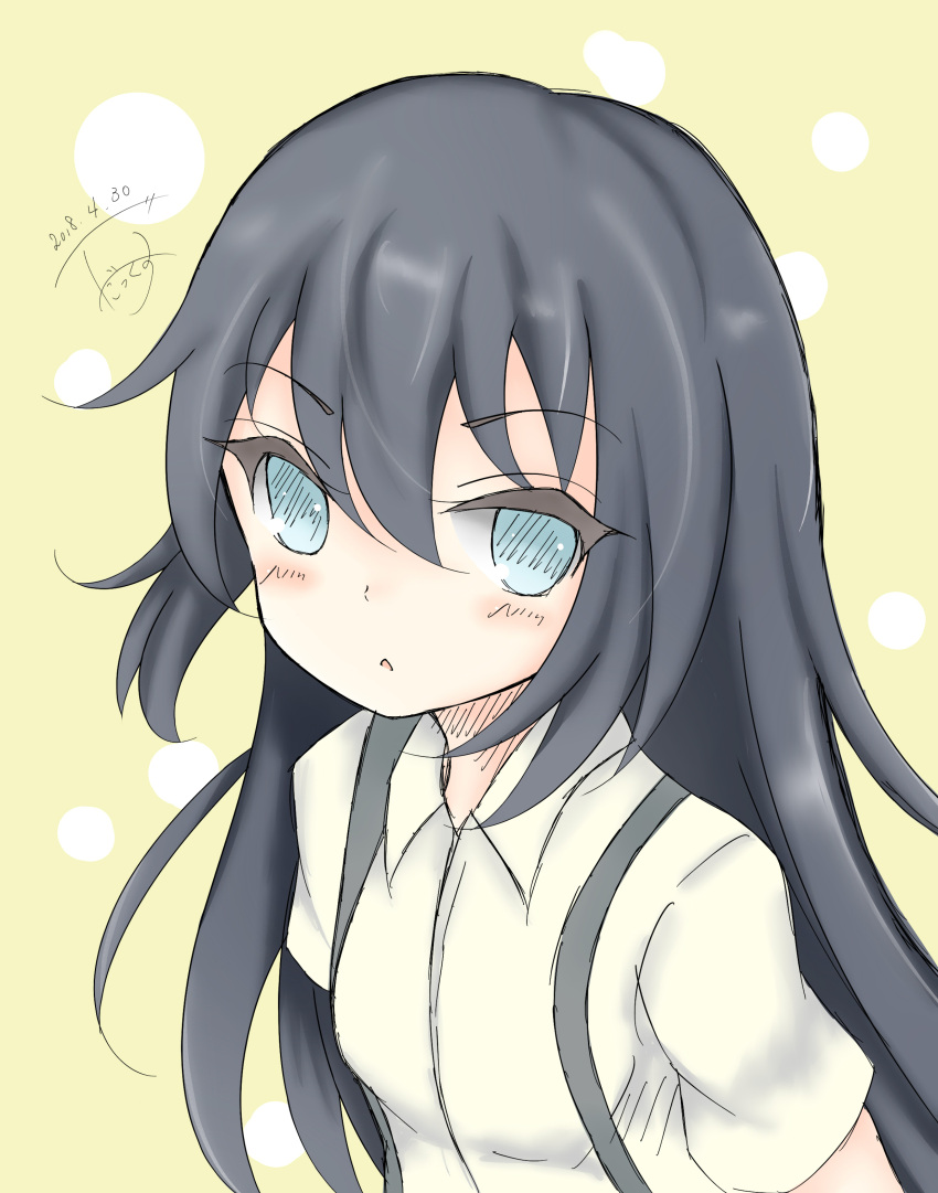 1girl absurdres asashio_(kantai_collection) bangs black_hair blue_eyes breasts collared_shirt commentary_request dakkusu dated eyebrows_visible_through_hair hair_between_eyes highres kantai_collection long_hair looking_at_viewer parted_lips shirt short_sleeves signature small_breasts solo suspenders very_long_hair white_shirt