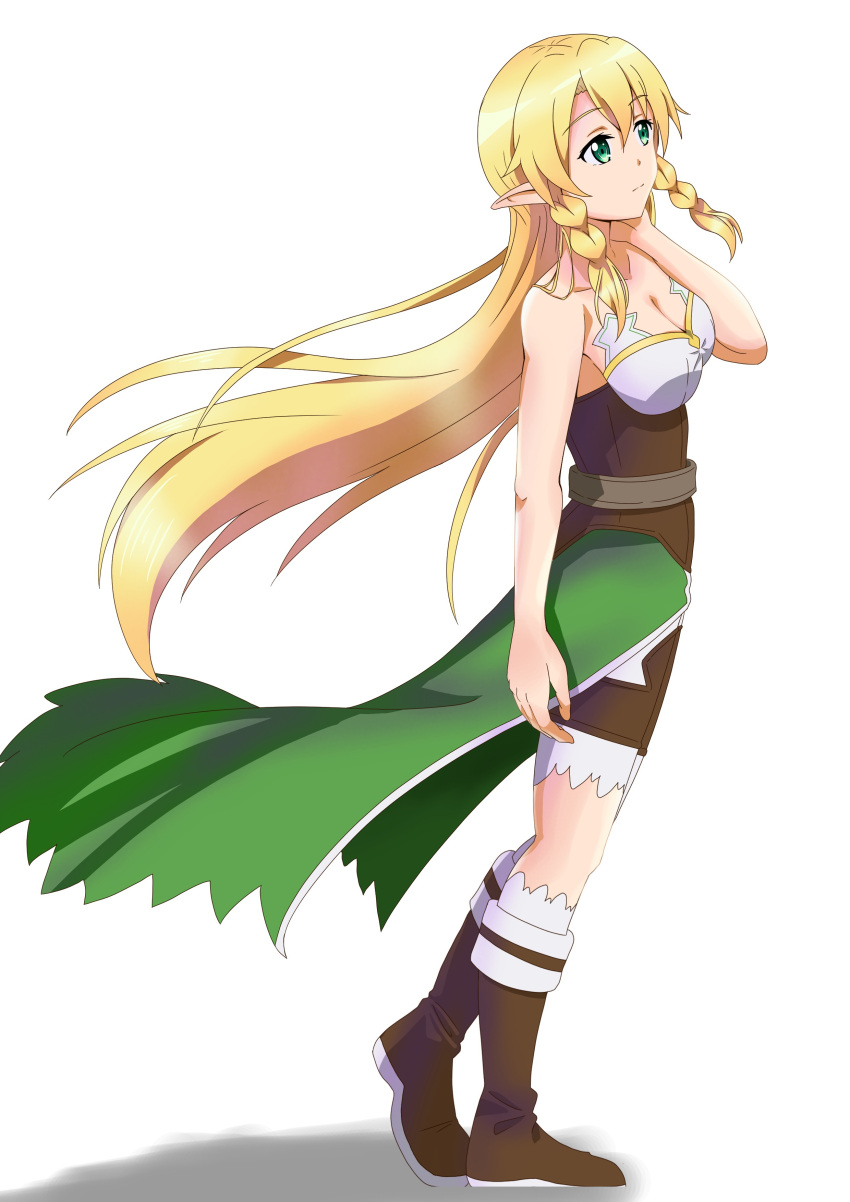 1girl absurdres blonde_hair boots braid breasts brown_footwear cape cleavage collarbone corset eyebrows_visible_through_hair floating_hair freekenji422 from_side green_cape green_eyes hair_between_eyes highres leafa long_hair looking_up medium_breasts pointy_ears shorts sidelocks simple_background solo standing striped sword_art_online thigh_strap twin_braids very_long_hair waist_cape white_background white_shorts