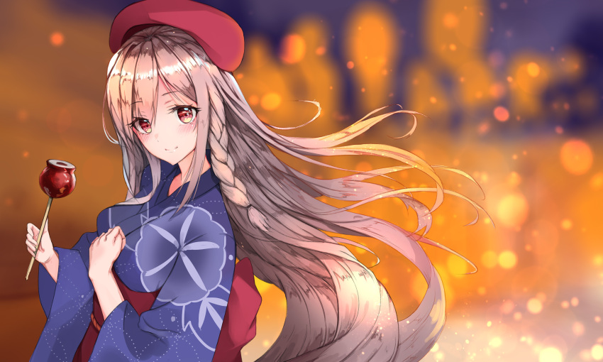 1girl absurdres alternate_costume beret blue_kimono blurry blush bokeh braid candy_apple closed_mouth depth_of_field floral_print food g36c_(girls_frontline) girls_frontline hair_between_eyes hand_on_own_chest hat highres japanese_clothes kimono long_hair long_sleeves obi print_kimono red_eyes red_hat rinu99 sash side_braid silver_hair smile solo very_long_hair