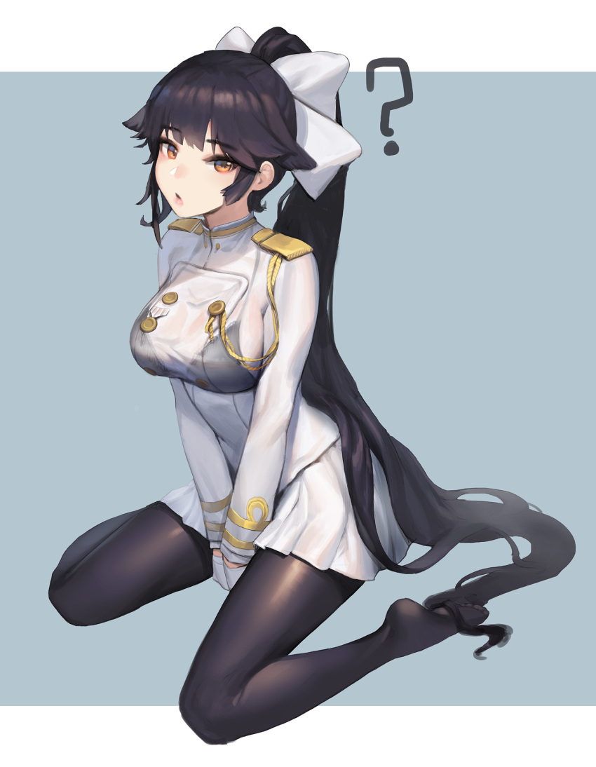 1girl ? aiguillette azur_lane badge bangs between_legs black_bra black_legwear blue_background blunt_bangs bow bra breasts closed_mouth expressionless eyebrows_visible_through_hair full_body gloves hair_bow hand_between_legs highres large_breasts lips long_hair long_sleeves military military_uniform miniskirt no_shoes orange_eyes outside_border own_hands_together pantyhose ponytail romana see-through simple_background sitting skirt solo takao_(azur_lane) underwear uniform very_long_hair wariza wet wet_clothes white_bow white_gloves white_skirt