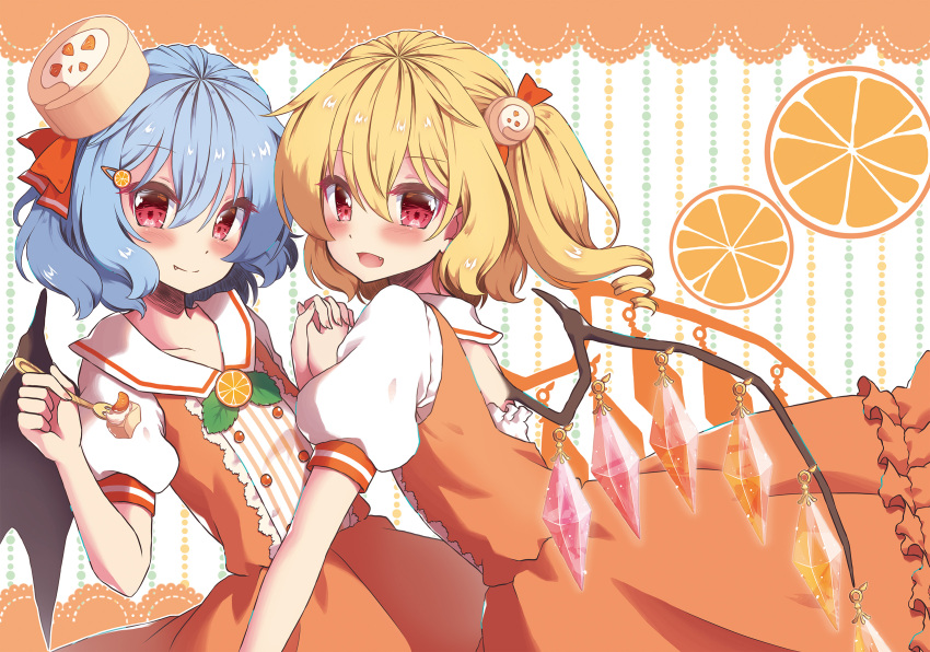 2girls :d alternate_costume bat_wings beni_kurage blonde_hair blue_hair blush cake_hair_ornament cake_hat collarbone commentary_request cowboy_shot crystal dress eyebrows_visible_through_hair fang fang_out fingernails flandre_scarlet food food_themed_hair_ornament fork fruit hair_between_eyes hair_ornament hair_ribbon hairclip hand_holding hand_up head_tilt highres holding holding_fork interlocked_fingers leaf leaning_back looking_at_viewer multiple_girls no_hat no_headwear open_mouth orange orange_dress orange_ribbon orange_slice puffy_short_sleeves puffy_sleeves red_eyes remilia_scarlet ribbon sailor_collar short_hair short_sleeves siblings side_ponytail sisters smile standing touhou white_background wings