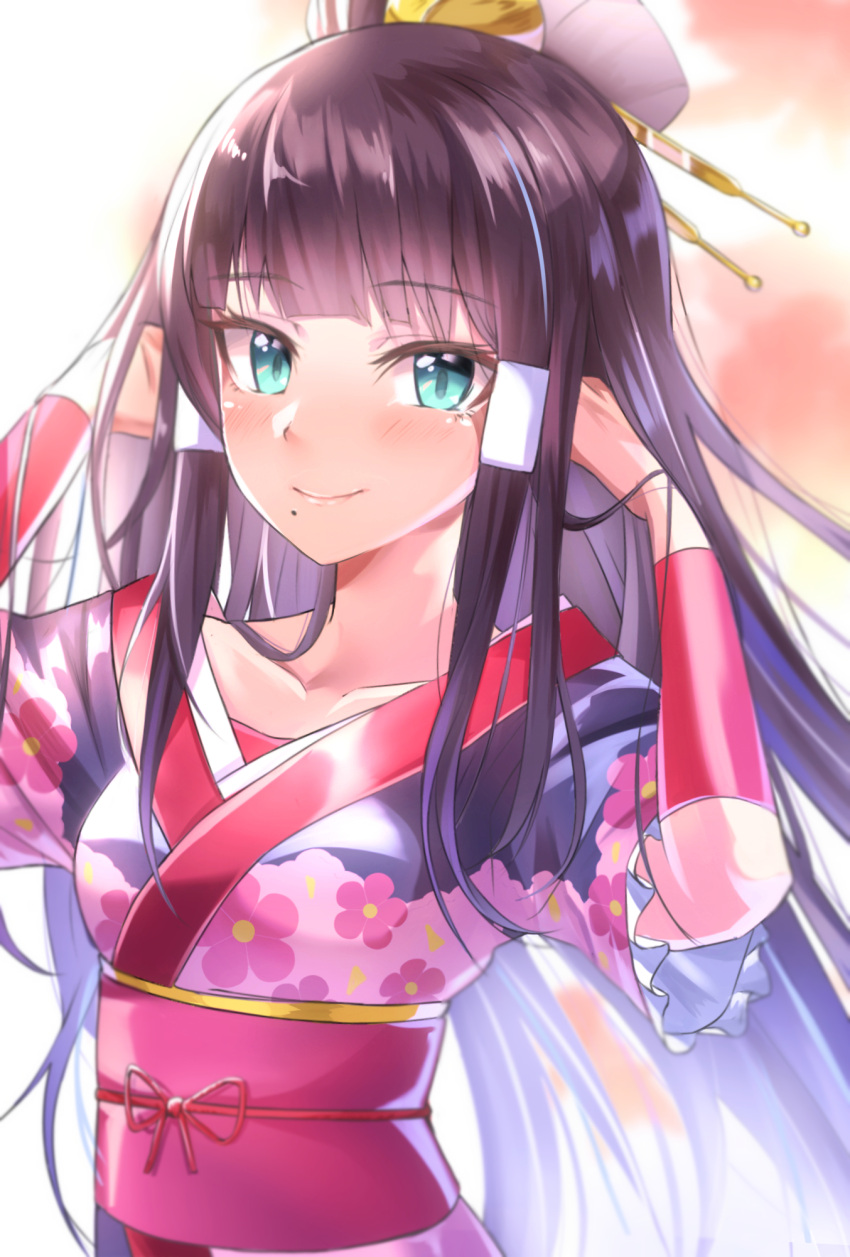 1girl aqua_eyes arm_warmers bangs black_hair collarbone commentary_request eyebrows_visible_through_hair floral_print frilled_sleeves frills hair_ornament hair_stick hair_tubes hands_in_hair highres japanese_clothes kimono kurosawa_dia light_blush long_hair looking_at_viewer love_live! love_live!_sunshine!! mole mole_under_mouth my_mai_tonight obi sash shaka_(staito0515) short_sleeves smile solo upper_body