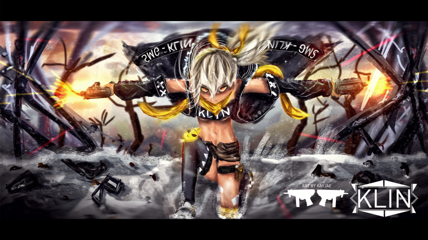 1girl action bandanna bangs bare_shoulders bare_tree black_legwear bright_pupils character_name closed_mouth clothes_writing dark_skin detached_sleeves dual_wielding firing floating_hair full_body girls_frontline green_eyes grey_hair gun hair_between_eyes hair_ornament highres holding holding_gun holding_weapon hood hoodie kayjae klin_(girls_frontline) letterboxed navel one_knee open_mouth pouch serious shaded_face short_ponytail sidelocks single_thighhigh snow solo stomach submachine_gun thigh-highs thigh_strap tree twintails weapon wind wind_lift yellow_eyes