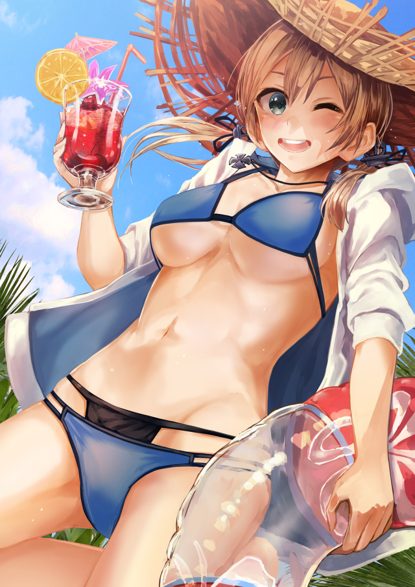 1girl alternate_costume anchor_hair_ornament bikini blonde_hair blue_eyes blue_sky blush breasts cleavage clouds cowboy_shot cross cross_necklace cup hair_ornament hat highres holding holding_cup innerturbe iron_cross jewelry kantai_collection konkito large_breasts long_hair looking_at_viewer low_twintails necklace one_eye_closed open_mouth outdoors prinz_eugen_(kantai_collection) sky smile solo sun_hat swimsuit thighs tropical_drink twintails