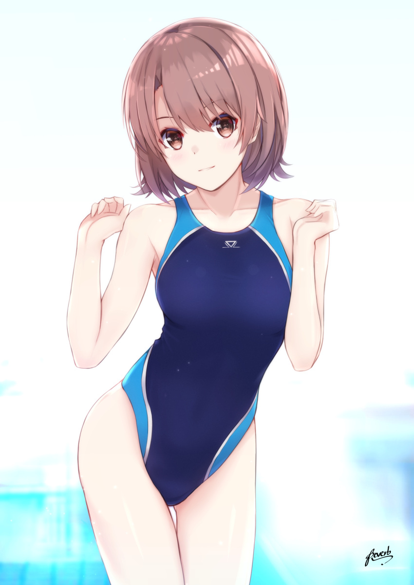 1girl absurdres bangs bare_arms bare_shoulders bee_doushi blue_swimsuit blurry blurry_background blush breasts brown_eyes brown_hair collarbone competition_swimsuit depth_of_field eyebrows_visible_through_hair hair_between_eyes hands_up head_tilt highres leaning_forward looking_at_viewer medium_breasts one-piece_swimsuit original parted_lips short_hair signature smile solo stopwatch swimsuit thighs watch