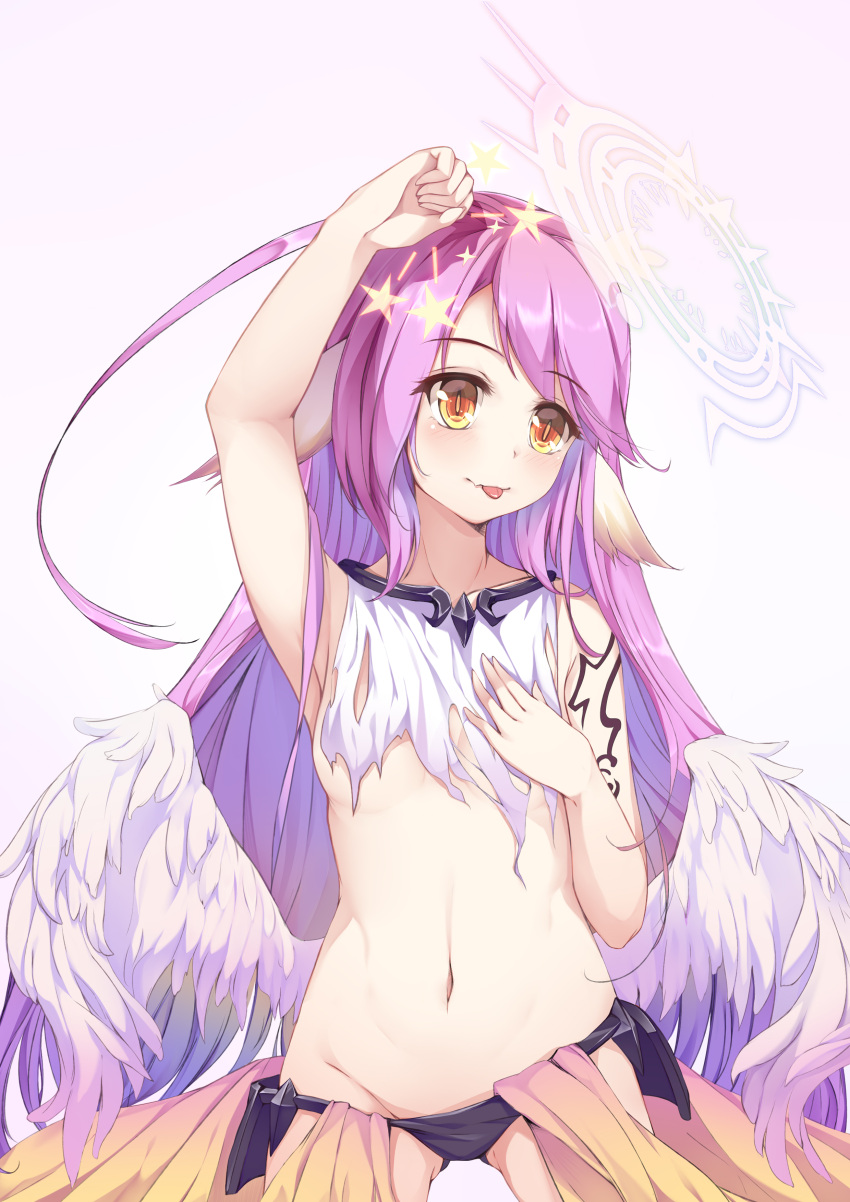 1girl :p absurdres age_regression bare_shoulders blush breasts c_(pixiv3064042) clenched_hand covering_nipples cowboy_shot feathered_wings groin halo hand_on_own_chest hand_on_own_head hands_on_own_chest highres jibril_(no_game_no_life) long_hair looking_at_viewer navel no_game_no_life revealing_clothes simple_background small_breasts solo star stomach tattoo tongue tongue_out torn_clothes very_long_hair white_background wings younger