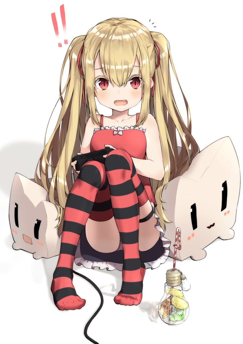 !! 1girl absurdres blonde_hair camisole controller game_controller highres knees_up light_bulb long_hair open_mouth original panties panty_peek paryi pillow playing_games red_camisole red_eyes ribbon sitting skirt solo striped striped_legwear thigh-highs thigh_strap twintails underwear