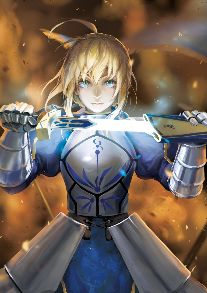 1girl ahoge armor armored_dress artoria_pendragon_(all) blonde_hair captain_an excalibur fate/grand_order fate/stay_night fate_(series) faulds gauntlets glowing glowing_sword glowing_weapon green_eyes highres holding holding_sheath holding_sword holding_weapon plackart saber sheath solo sword unsheathing weapon