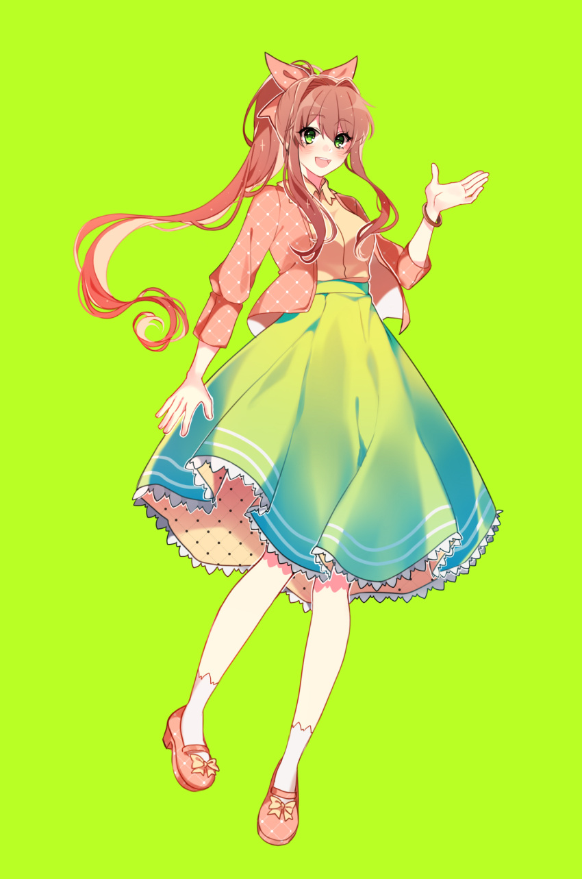 1girl :d alternate_costume brown_hair casual commentary doki_doki_literature_club english_commentary eyebrows_visible_through_hair eyes_visible_through_hair full_body green_background green_eyes green_skirt hair_between_eyes hair_ribbon high-waist_skirt highres long_hair looking_at_viewer monika_(doki_doki_literature_club) open_mouth ponytail ribbon savi_(byakushimc) shoes simple_background skirt smile socks solo