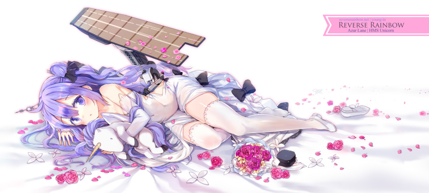 1girl ahoge azur_lane bangs bare_shoulders bed_sheet black_bow black_ribbon blush bouquet bow character_name commentary_request copyright_name covered_navel detached_sleeves dress eyebrows_visible_through_hair flight_deck flower hair_between_eyes hair_bun hair_ribbon highres jin_young-in long_hair long_sleeves looking_at_viewer lying object_hug on_side one_side_up parted_lips petals pink_flower pink_rose purple_flower purple_hair purple_rose ribbon ring_box rose shoes side_bun single_shoe sleeves_past_wrists solo stuffed_animal stuffed_pegasus stuffed_toy stuffed_unicorn thigh-highs unicorn_(azur_lane) very_long_hair violet_eyes white_dress white_flower white_footwear white_legwear yellow_flower