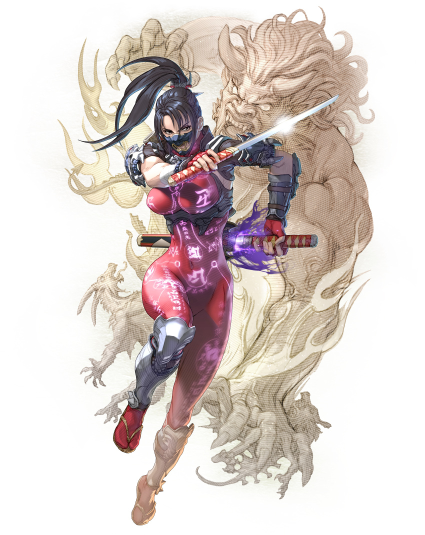 1girl absurdres armor black_eyes black_hair bodysuit breasts clothes_writing covered_navel dual_wielding face_mask floating_hair full_body high_ponytail highres holding holding_weapon huge_filesize kawano_takuji large_breasts long_hair looking_at_viewer mask official_art oni sandals sheath sheathed solo soul_calibur soulcalibur_vi taki_(soulcalibur)