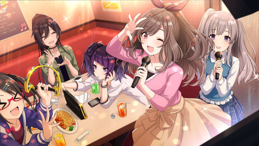 5girls :d arm_up black_ribbon black_shirt blue_nails blue_vest bow bracelet brown_eyes brown_hair chin_rest choker closed_eyes collarbone drinking eyebrows_visible_through_hair floating_hair glasses green_jacket hair_ribbon highres holding holding_microphone idolmaster idolmaster_shiny_colors indoors jacket jewelry long_hair looking_at_viewer microphone mitsumine_yuika multiple_girls nail_polish open_clothes open_jacket open_mouth pink_shirt pleated_skirt ponytail purple_hair purple_sweater red-framed_eyewear red_bow ribbon semi-rimless_eyewear shiny shiny_hair shirase_sakuya shirt skirt smile sparkle standing sweater tanaka_mamimi tsukioka_kogane twintails under-rim_eyewear very_long_hair vest white_shirt yellow_skirt yuukoku_kiriko