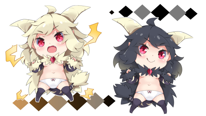 2girls :q ahoge bangs black_hair black_legwear blonde_hair blush bow bow_panties breasts chibi closed_mouth commentary_request curled_horns detached_sleeves eyebrows_visible_through_hair fang fur-trimmed_sleeves fur_trim horns lightning long_hair long_sleeves medium_breasts milkpanda monster_hunter multiple_girls navel no_shoes open_mouth panties personification pointy_ears sleeves_past_wrists smile tail thigh-highs tongue tongue_out underwear v-shaped_eyebrows very_long_hair violet_eyes white_panties
