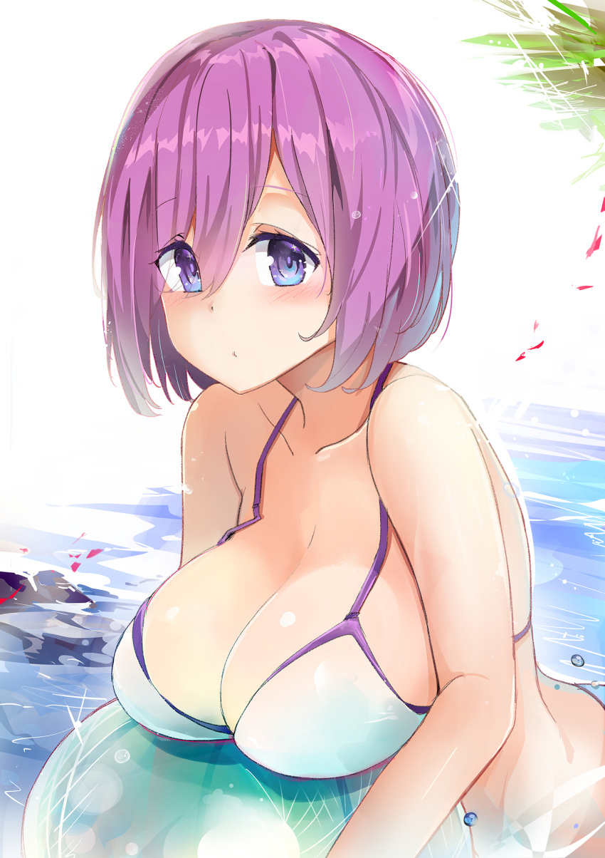 1girl bikini breasts day fate/grand_order fate_(series) hair_over_one_eye highres large_breasts looking_at_viewer mash_kyrielight purple_hair short_hair solo swimsuit violet_eyes white_bikini xiaodi