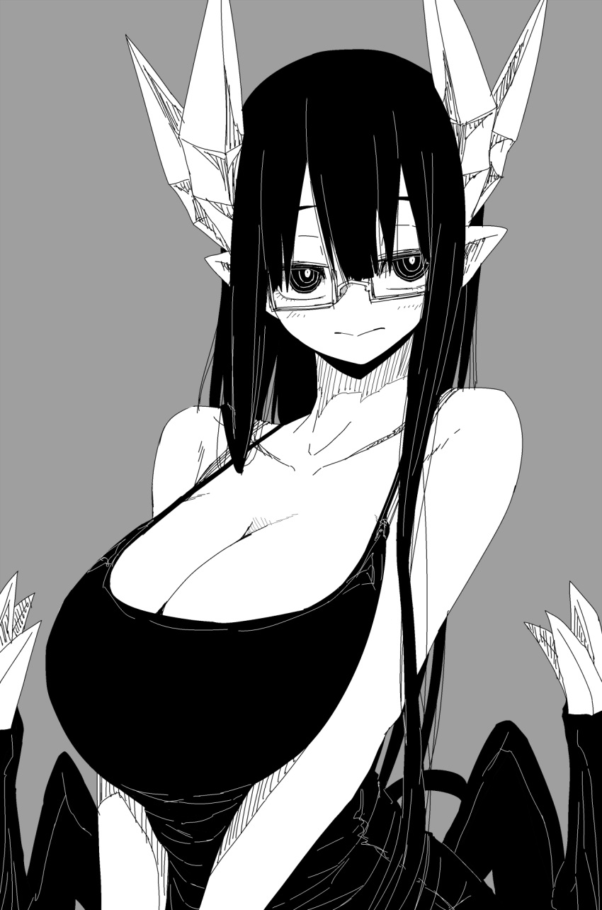 1girl bare_shoulders breasts bright_pupils cleavage closed_mouth demon_girl demon_horns demon_wings dress glasses grey_background greyscale highres horns huge_breasts juugoya_(zyugoya) long_hair looking_at_viewer merii_(musuko_ga_kawaikute_shikatanai_mazoku_no_hahaoya) monochrome musuko_ga_kawaikute_shikatanai_mazoku_no_hahaoya pointy_ears ringed_eyes semi-rimless_eyewear simple_background sleeveless sleeveless_dress solo under-rim_eyewear upper_body v_arms wings