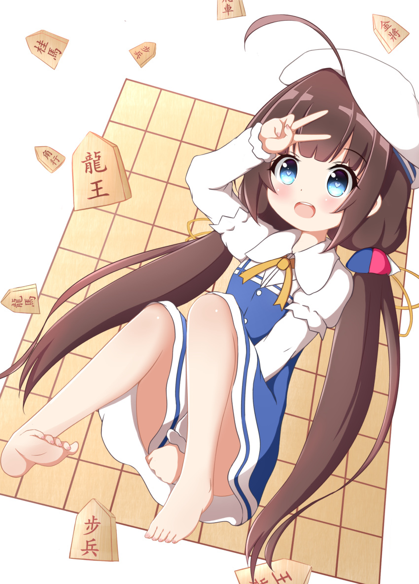 1girl :d absurdres arm_up bangs barefoot beret blue_dress blue_eyes blush board_game brown_hair commentary_request covering covering_crotch dress dress_tug eyebrows_visible_through_hair fingernails full_body hat heart heart-shaped_pupils highres hinatsuru_ai kaze_(1028594962) long_hair long_sleeves looking_at_viewer low_twintails nail_polish open_mouth pink_nails ryuuou_no_oshigoto! school_uniform short_over_long_sleeves short_sleeves shougi sidelocks smile soles solo symbol-shaped_pupils toenail_polish toenails twintails upper_teeth v very_long_hair white_background white_hat