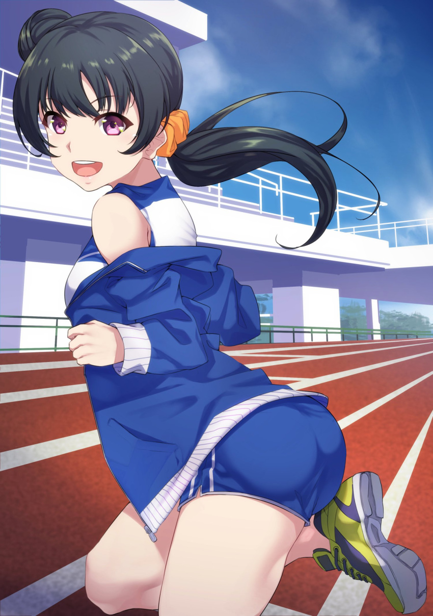 1girl :d bangs bare_shoulders blue_hair eyebrows_visible_through_hair highres jacket long_hair looking_at_viewer love_live! love_live!_sunshine!! open_clothes open_jacket open_mouth ponytail shoes shorts side_bun smile sneakers solo track_jacket tsushima_yoshiko violet_eyes yamaori_(yamaorimon)