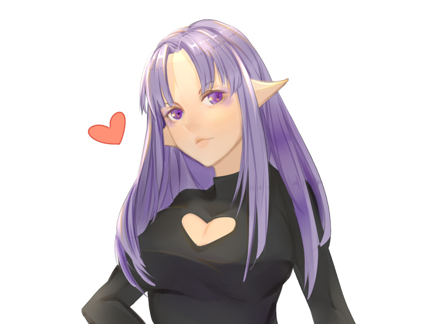 1girl alternate_eye_color alternate_hair_color breasts caster cleavage cleavage_cutout commentary_request fate/grand_order fate_(series) head_tilt heart heart_cutout highres large_breasts long_hair looking_at_viewer medea_(fate)_(all) pointy_ears purple_hair shu_guang_[a_lie] simple_background solo violet_eyes white_background