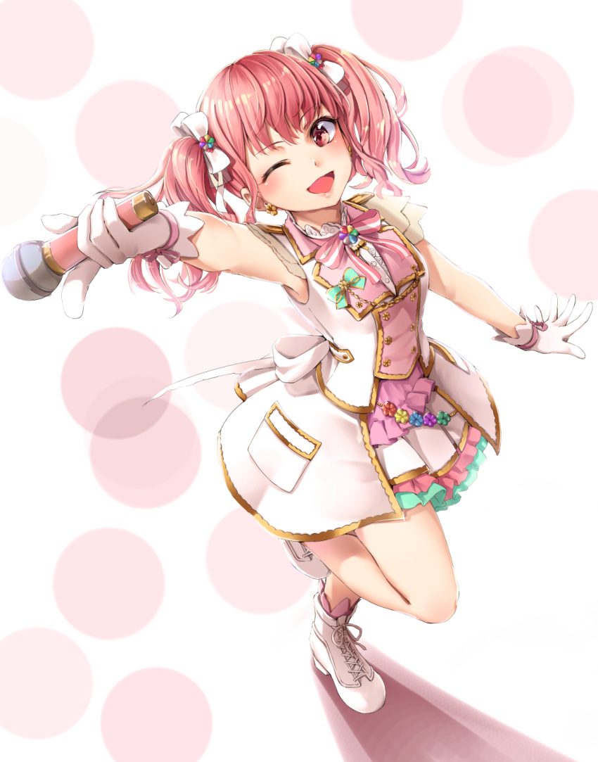 1girl ;d aqua_bow arm_up back_bow bang_dream! blush boots bow cross-laced_footwear double-breasted earrings full_body funyariko gloves hair_bow highres holding holding_microphone index_finger_raised jewelry maruyama_aya microphone neck_ribbon one_eye_closed open_mouth overskirt pink_bow pink_eyes pink_hair ribbon sash smile solo standing standing_on_one_leg striped_neckwear twintails white_bow white_footwear white_gloves wrist_bow