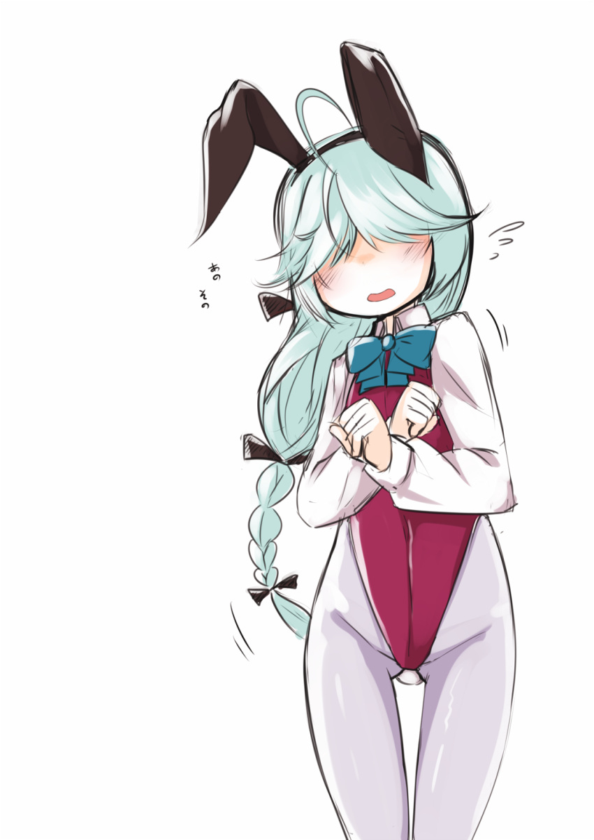 1girl adapted_costume ahoge animal_ears black_ribbon blush bow bowtie braid bunny_girl bunnysuit cowboy_shot fake_animal_ears grey_hair hair_over_eyes hair_ribbon hamanami_(kantai_collection) highres kantai_collection leotard long_hair long_sleeves nassukun open_mouth pantyhose purple_leotard rabbit_ears ribbon shirt simple_background single_braid solo white_background white_shirt