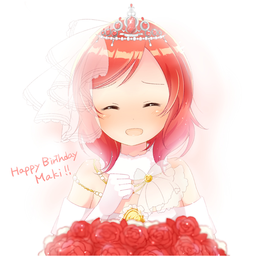 1girl ^_^ blurry blush bouquet brooch character_name clenched_hand closed_eyes depth_of_field facing_viewer flower fur_collar gem glint gloves hand_on_own_chest happy_birthday jewelry love_live! love_live!_school_idol_project medium_hair nishikino_maki open_mouth pimi_(ringsea21) red_flower red_rose redhead rose ruby_(stone) smile solo tiara upper_body veil white_gloves