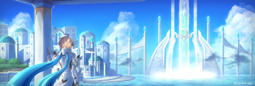 1boy ahoge armor artist_request blonde_hair brown_hair chung_seiker city clouds cloudy_sky elsword fatal_phantom_(elsword) gloves highres multicolored_hair scarf sky twitter_username two-tone_hair water waterfall