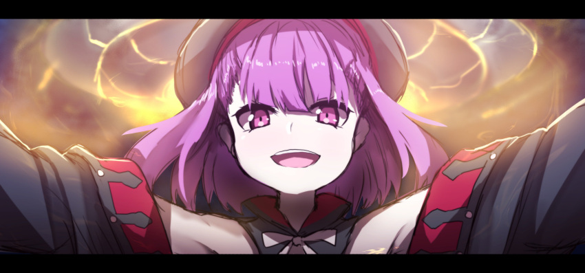 1girl :d absurdres bangs bare_shoulders beret black_hat blush eyebrows_visible_through_hair fate/grand_order fate_(series) hair_between_eyes hat helena_blavatsky_(fate/grand_order) highres long_hair open_mouth outstretched_arms purple_hair short_hair smile solo spread_arms upper_teeth violet_eyes wada_kazu