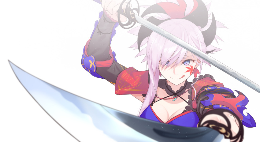 1girl :q asymmetrical_hair bangs blue_eyes breasts cleavage closed_mouth detached_sleeves dual_wielding earrings eyebrows_visible_through_hair facial_tattoo fate/grand_order fate_(series) foreshortening hair_ornament hair_over_one_eye highres holding holding_sword holding_weapon jewelry katana kurogiri leaf long_hair long_sleeves looking_at_viewer maple_leaf medium_breasts miyamoto_musashi_(fate/grand_order) pink_hair simple_background smile solo sword tattoo tongue tongue_out weapon white_background