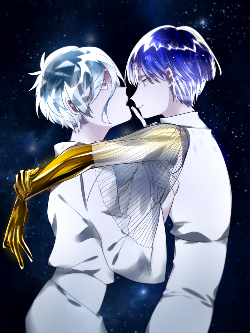 2others alternate_costume androgynous antarcticite arms_around_neck blue_eyes blue_hair colored_eyelashes face-to-face finger_to_mouth golden_arms grey_eyes hair_between_eyes hand_on_another's_chest highres houseki_no_kuni looking_at_another phosphophyllite phosphophyllite_(ll) see-through short_hair silver_hair sky smile spoilers star_(sky) starry_sky white_eyes white_hair