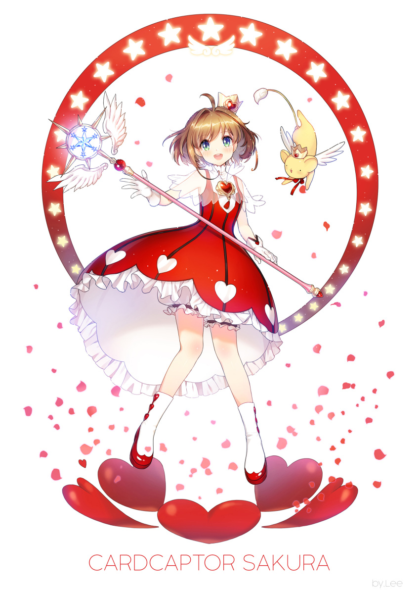 1girl :d absurdres ahoge brown_hair capelet card_captor_sakura copyright_name crown dress feathered_wings floating_hair full_body gloves green_eyes heart heart_print highres holding holding_staff kangyui kero kinomoto_sakura long_hair looking_at_viewer mini_crown open_mouth petals puffy_shorts pumps red_dress red_footwear see-through shorts shorts_under_dress simple_background sleeveless sleeveless_dress smile socks staff white_background white_footwear white_gloves white_legwear white_wings wings